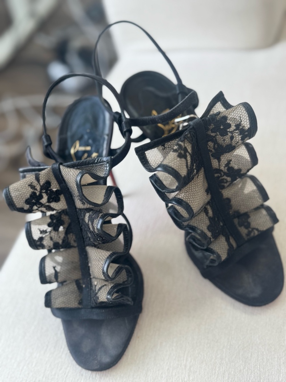 Christian Louboutin Fortitia Black and Gold Ruffle Sandal Heels